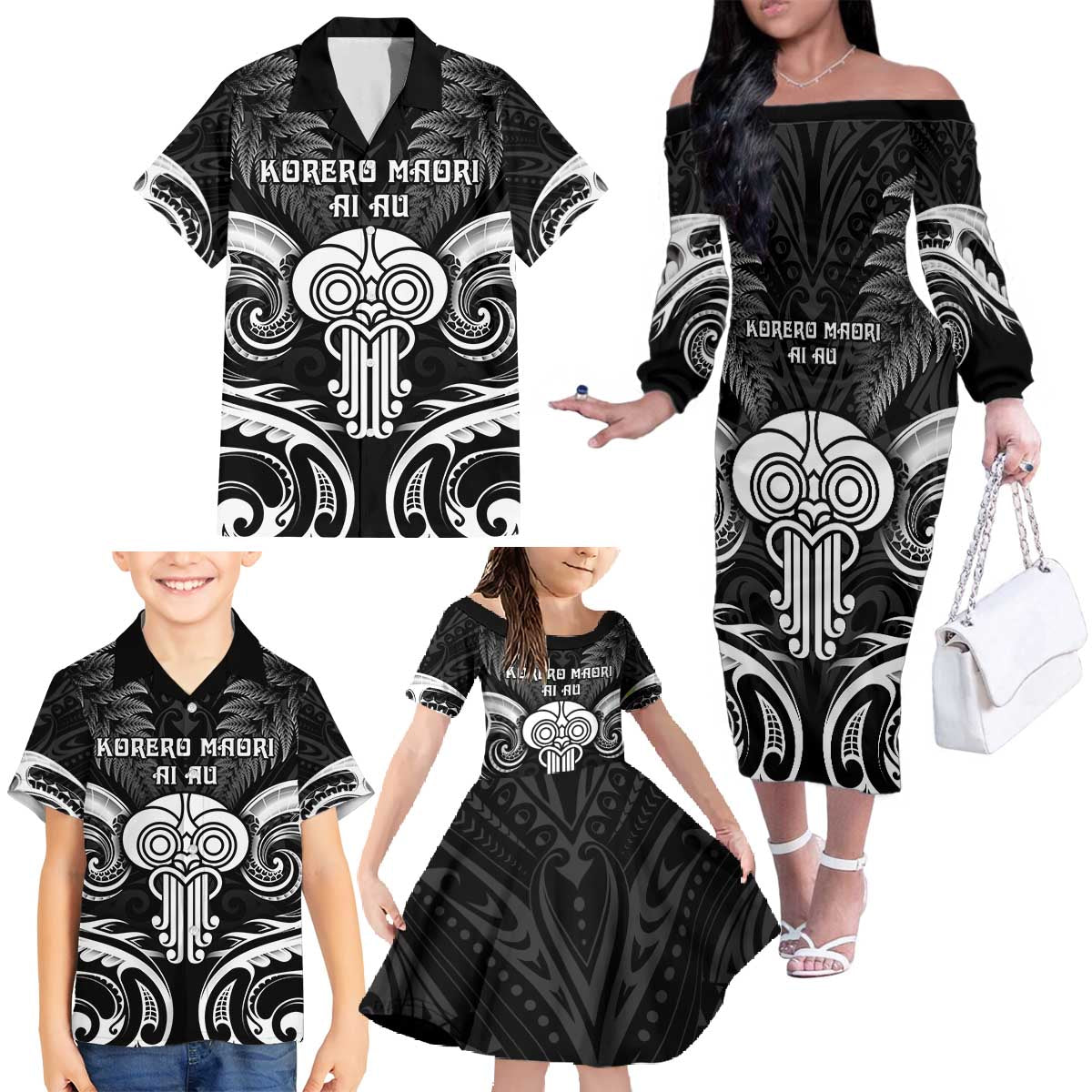 New Zealand Te Reo Maori Family Matching Off The Shoulder Long Sleeve Dress and Hawaiian Shirt Korero Maori Ai Au LT05 - Polynesian Pride