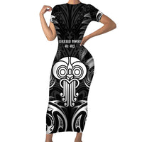 New Zealand Te Reo Maori Short Sleeve Bodycon Dress Korero Maori Ai Au LT05 Long Dress Black - Polynesian Pride