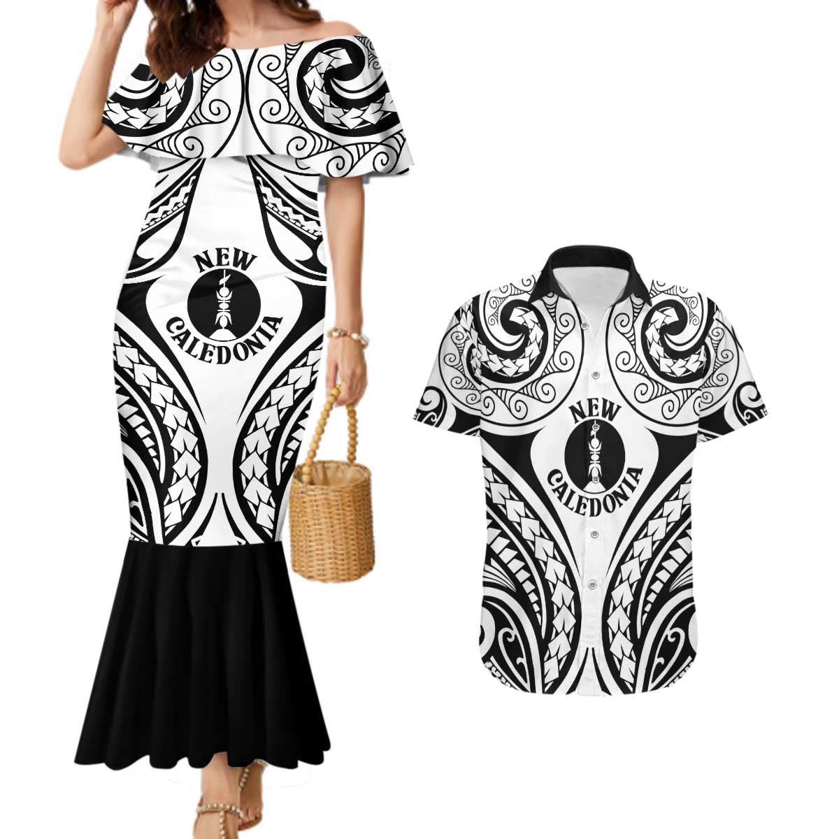 New Caledonia Day Couples Matching Mermaid Dress and Hawaiian Shirt Polynesian Curves White Color - Polynesian Pride