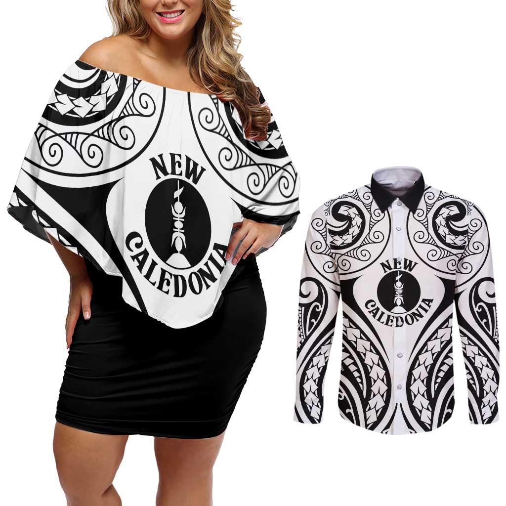 New Caledonia Day Couples Matching Off Shoulder Short Dress and Long Sleeve Button Shirt Polynesian Curves White Color - Polynesian Pride