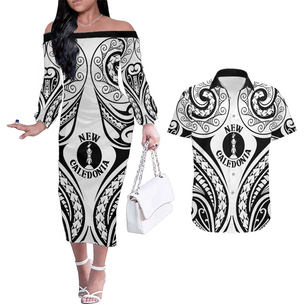 New Caledonia Day Couples Matching Off The Shoulder Long Sleeve Dress and Hawaiian Shirt Polynesian Curves White Color - Polynesian Pride