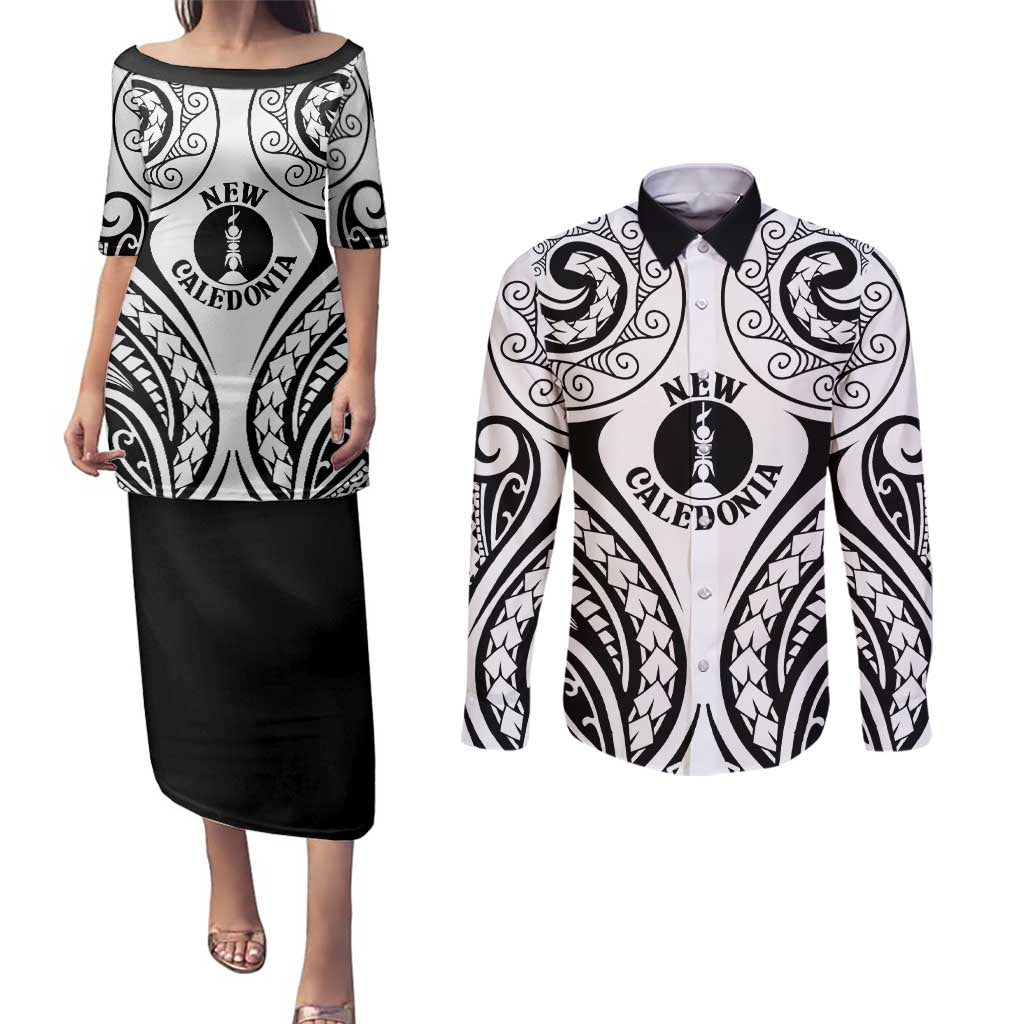 New Caledonia Day Couples Matching Puletasi and Long Sleeve Button Shirt Polynesian Curves White Color LT05 White - Polynesian Pride