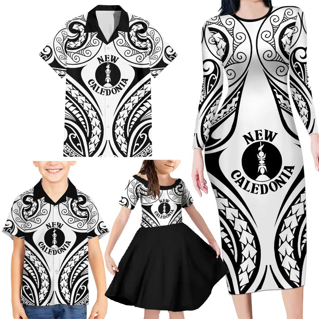 New Caledonia Day Family Matching Long Sleeve Bodycon Dress and Hawaiian Shirt Polynesian Curves White Color - Polynesian Pride