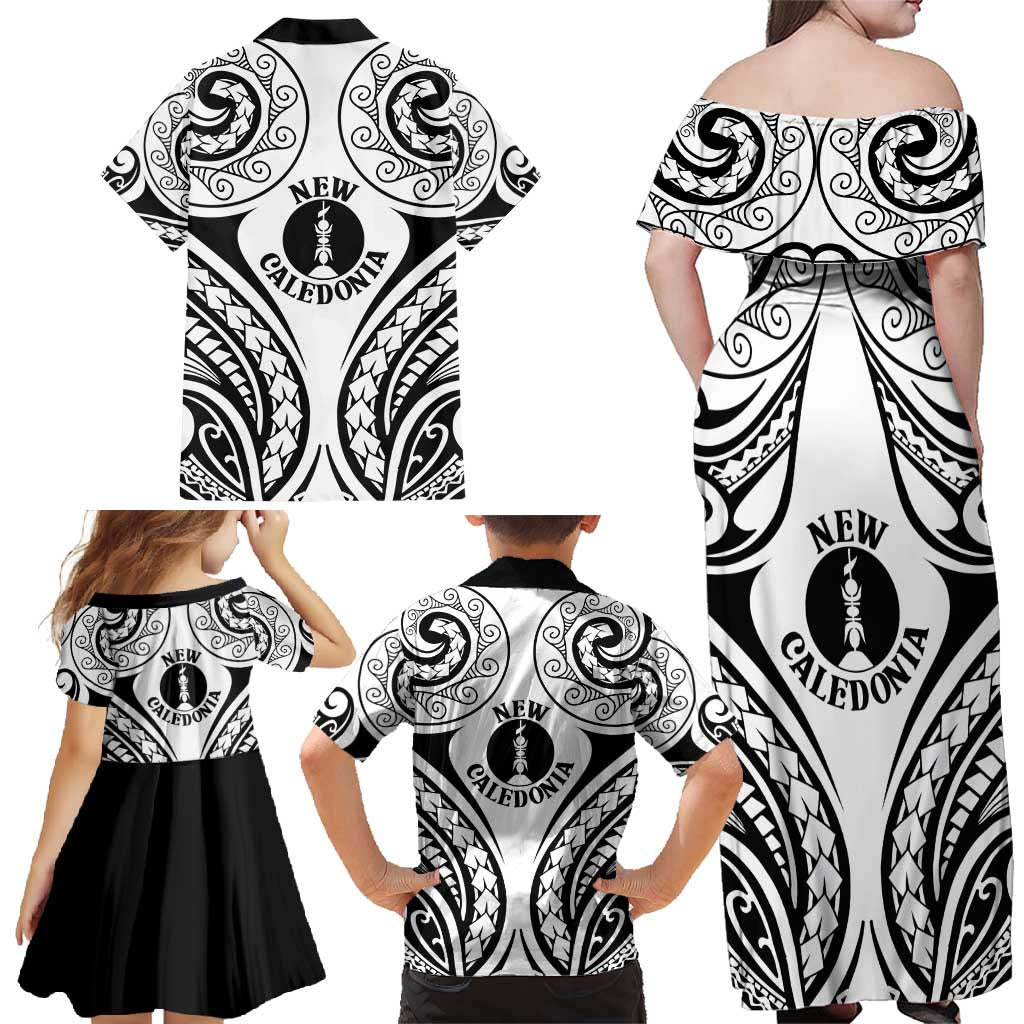 New Caledonia Day Family Matching Off Shoulder Maxi Dress and Hawaiian Shirt Polynesian Curves White Color - Polynesian Pride