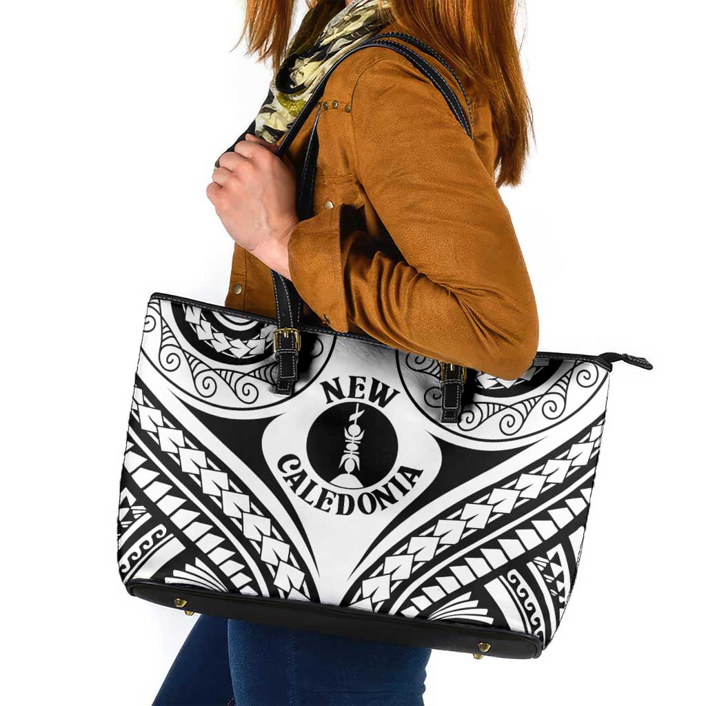 New Caledonia Day Leather Tote Bag Polynesian Curves White Color LT05 White - Polynesian Pride