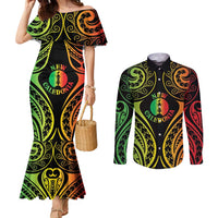 New Caledonia Day Couples Matching Mermaid Dress and Long Sleeve Button Shirt Polynesian Curves Reggae Color - Polynesian Pride