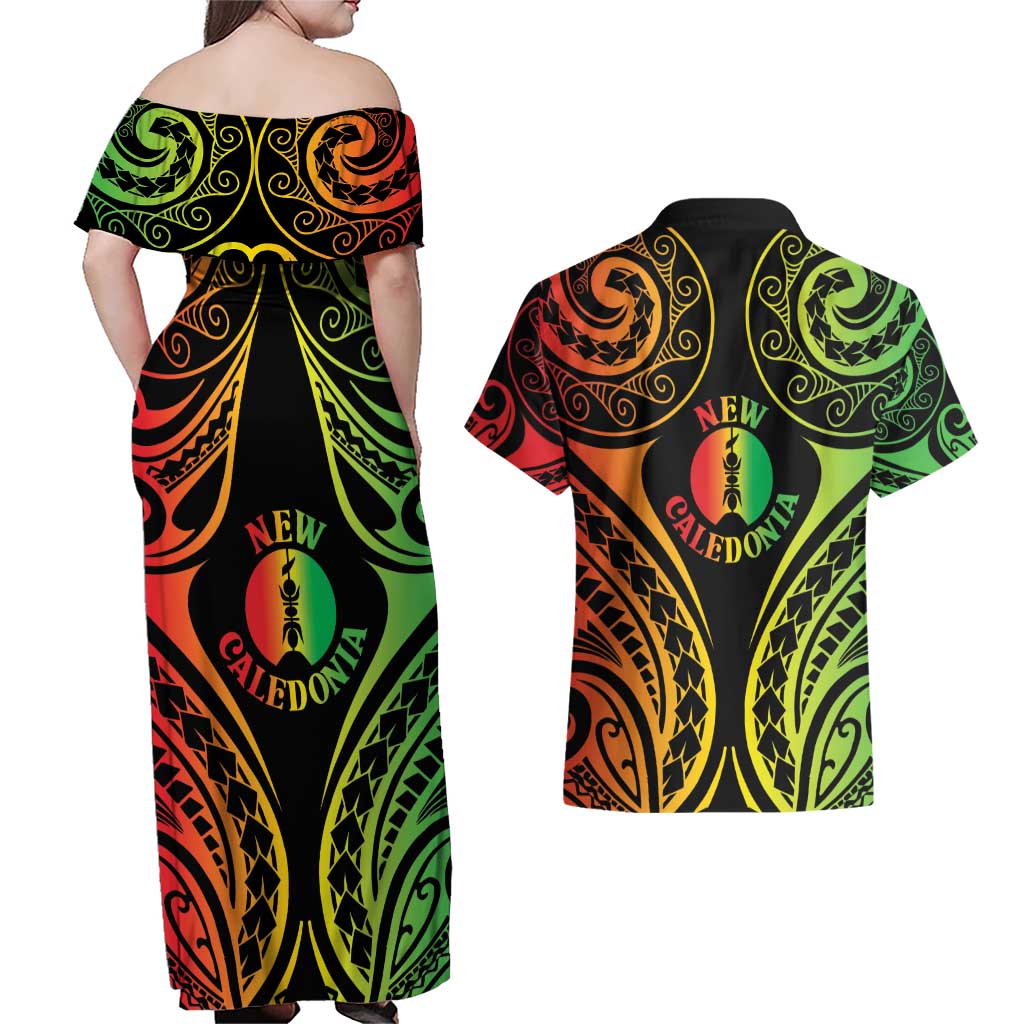 New Caledonia Day Couples Matching Off Shoulder Maxi Dress and Hawaiian Shirt Polynesian Curves Reggae Color - Polynesian Pride