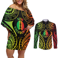 New Caledonia Day Couples Matching Off Shoulder Short Dress and Long Sleeve Button Shirt Polynesian Curves Reggae Color - Polynesian Pride