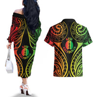 New Caledonia Day Couples Matching Off The Shoulder Long Sleeve Dress and Hawaiian Shirt Polynesian Curves Reggae Color - Polynesian Pride