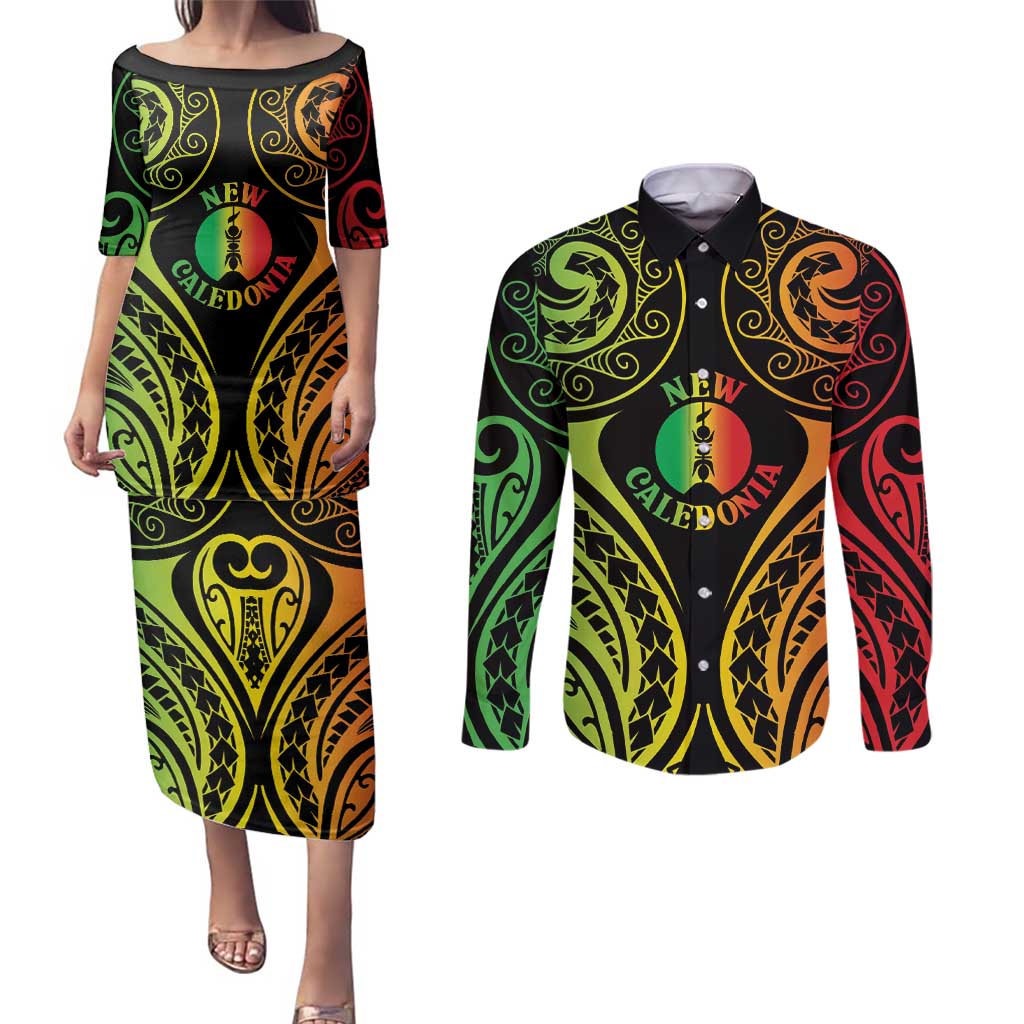 New Caledonia Day Couples Matching Puletasi and Long Sleeve Button Shirt Polynesian Curves Reggae Color LT05 Reggae - Polynesian Pride