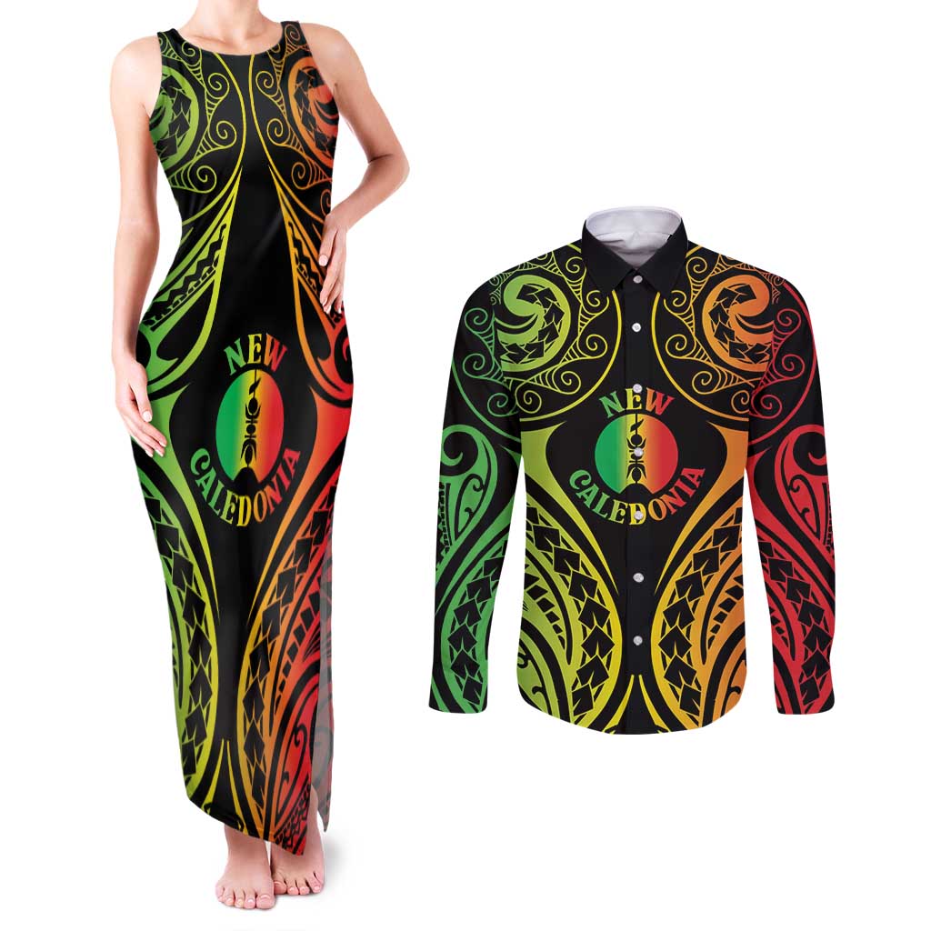 New Caledonia Day Couples Matching Tank Maxi Dress and Long Sleeve Button Shirt Polynesian Curves Reggae Color - Polynesian Pride