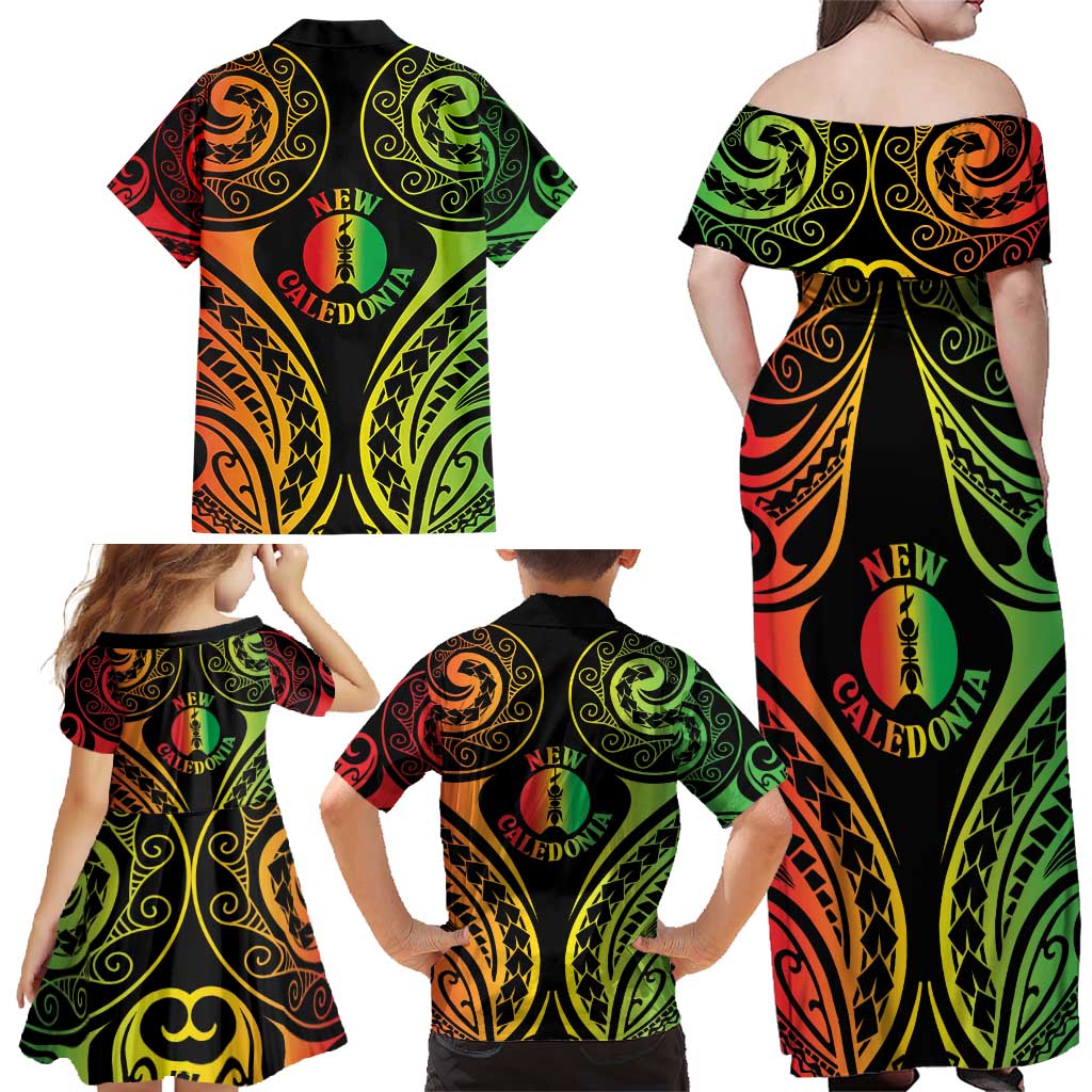 New Caledonia Day Family Matching Off Shoulder Maxi Dress and Hawaiian Shirt Polynesian Curves Reggae Color - Polynesian Pride