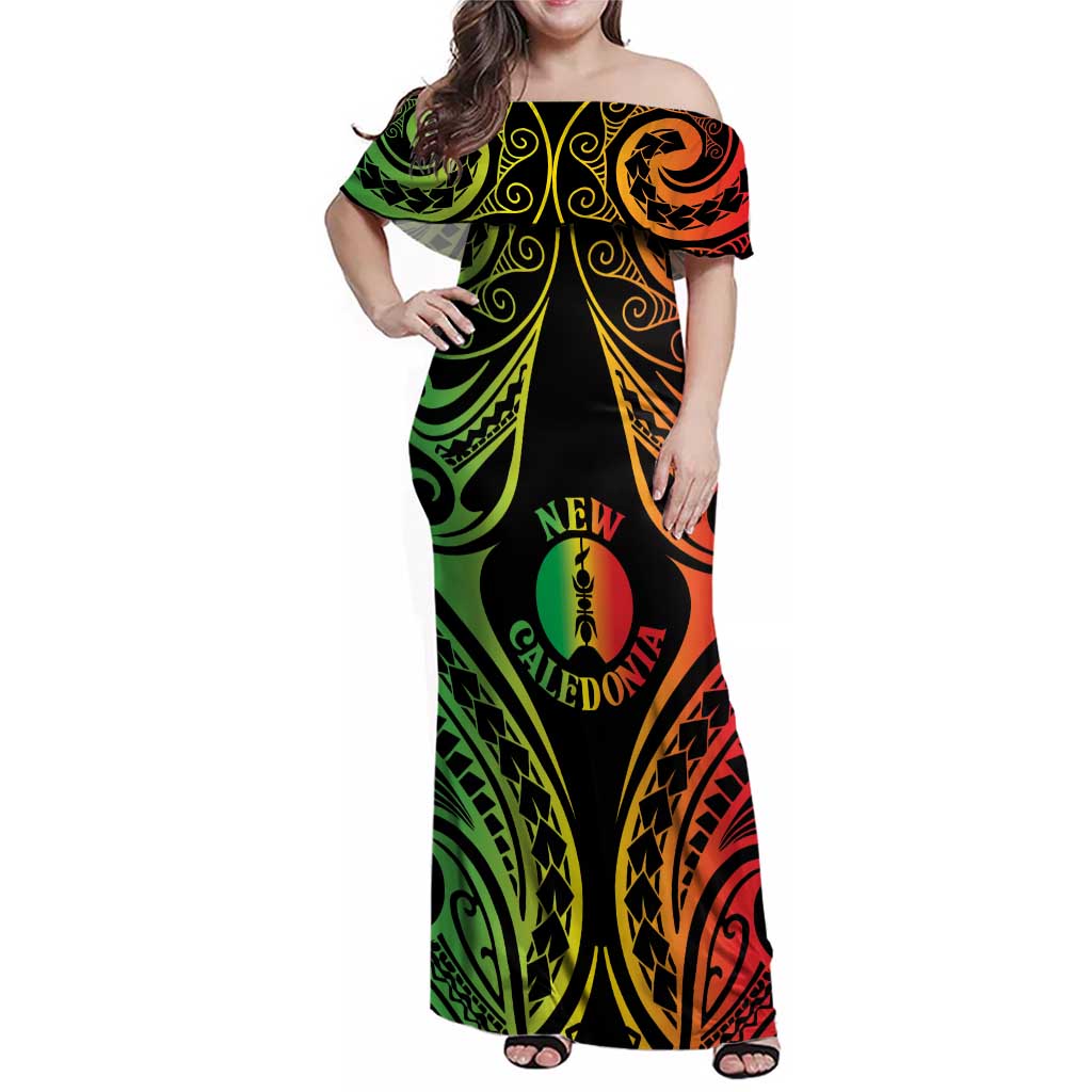 New Caledonia Day Family Matching Off Shoulder Maxi Dress and Hawaiian Shirt Polynesian Curves Reggae Color - Polynesian Pride