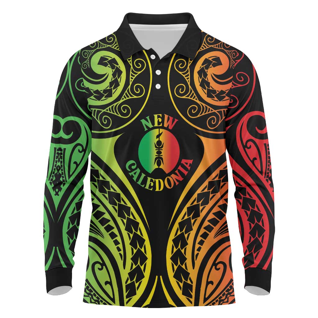 New Caledonia Day Long Sleeve Polo Shirt Polynesian Curves Reggae Color LT05 Reggae - Polynesian Pride