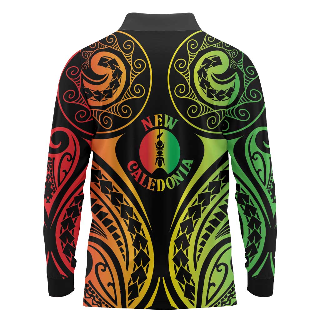New Caledonia Day Long Sleeve Polo Shirt Polynesian Curves Reggae Color LT05 - Polynesian Pride