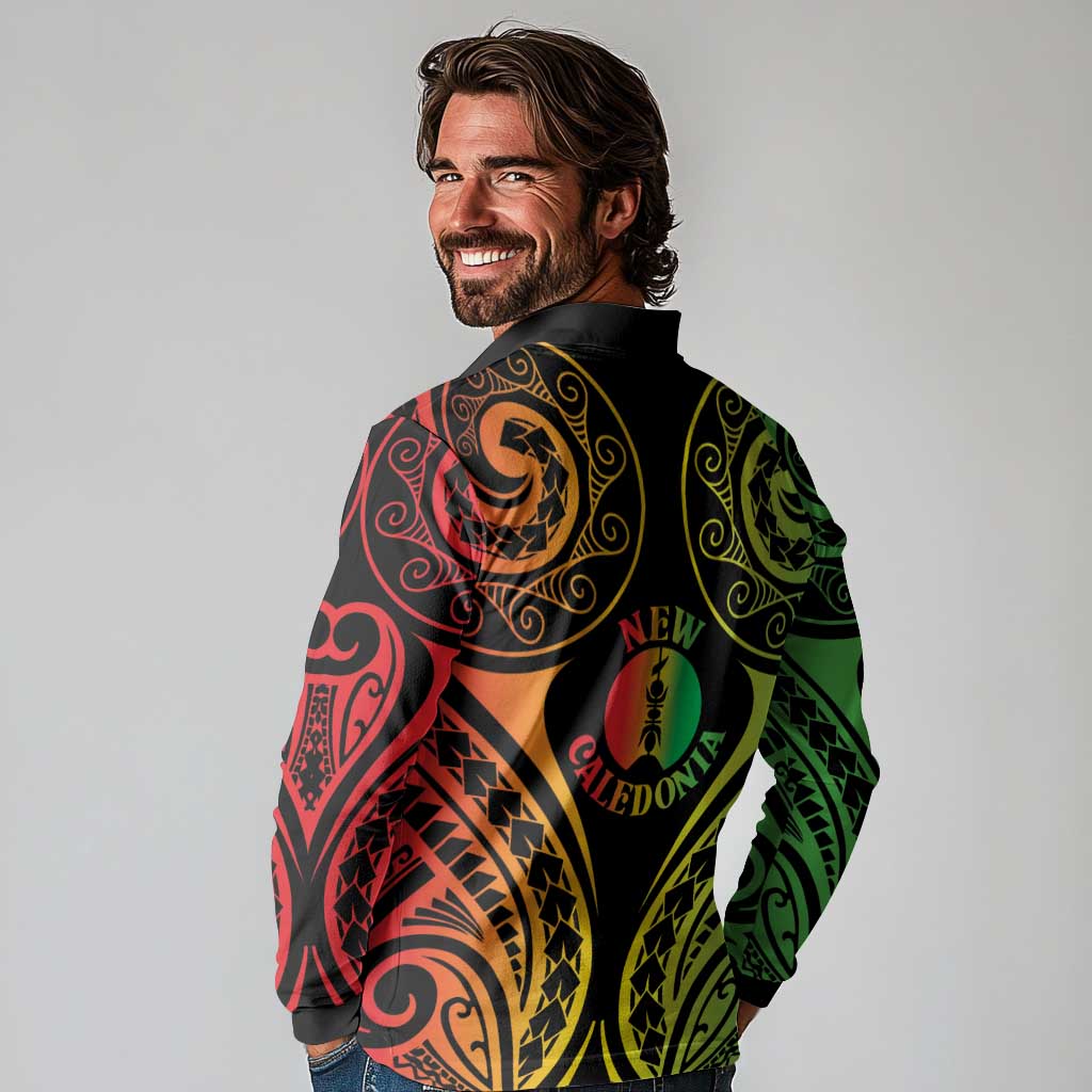 New Caledonia Day Long Sleeve Polo Shirt Polynesian Curves Reggae Color LT05 - Polynesian Pride