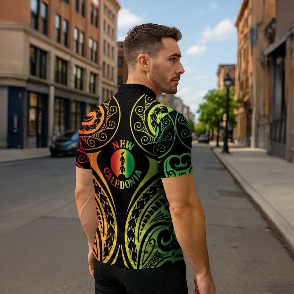 New Caledonia Day Zipper Polo Shirt Polynesian Curves Reggae Color - Polynesian Pride