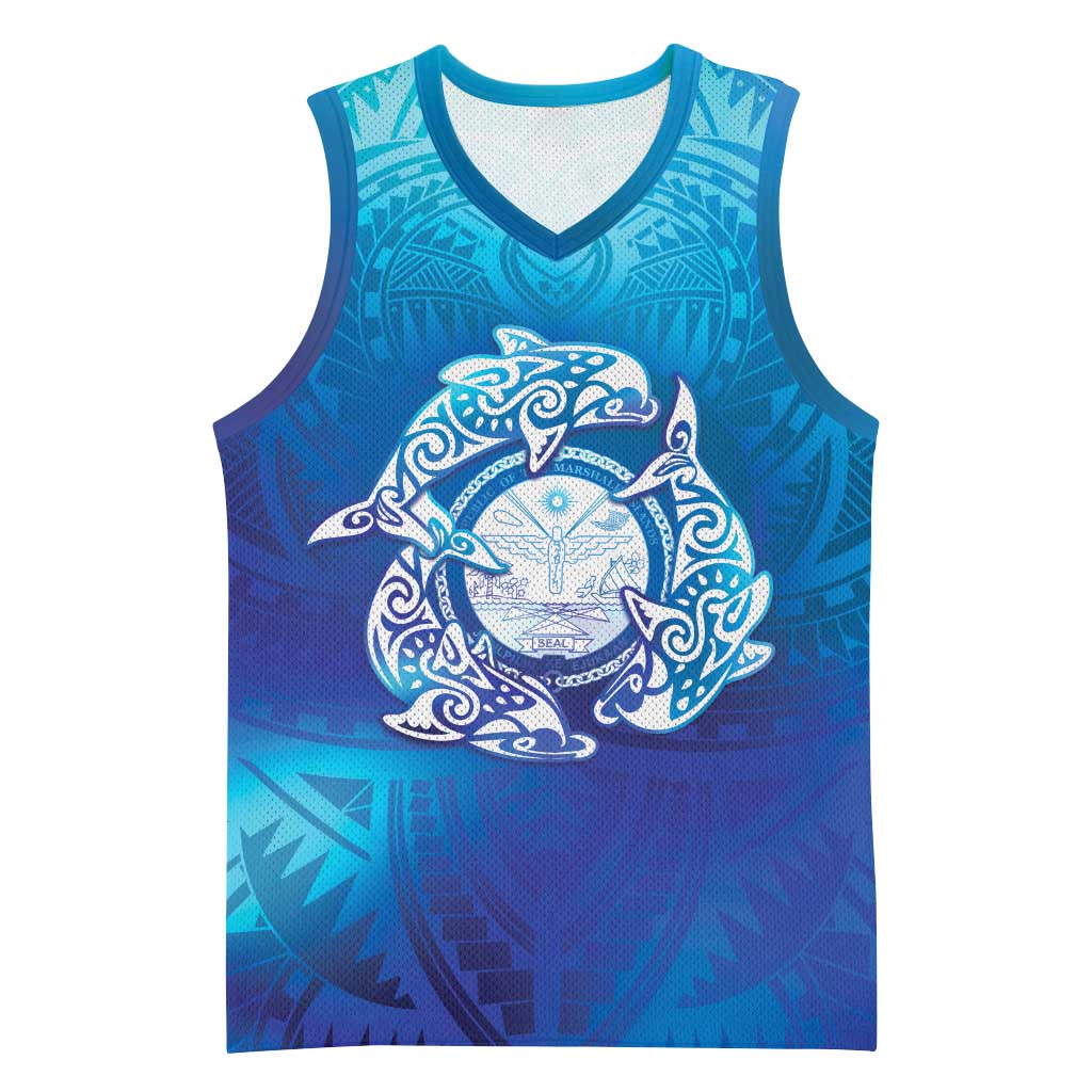 Marshall Islands Manit Day Basketball Jersey Tribal Dolphin With Marshall Seal LT05 Unisex Blue - Polynesian Pride