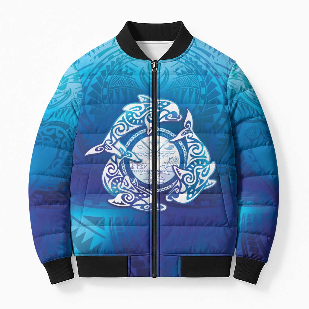Marshall Islands Manit Day Bomber Puffer Jacket Tribal Dolphin With Marshall Seal LT05 Unisex Blue - Polynesian Pride