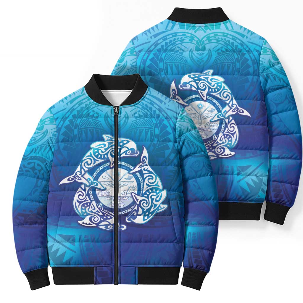 Marshall Islands Manit Day Bomber Puffer Jacket Tribal Dolphin With Marshall Seal - Polynesian Pride