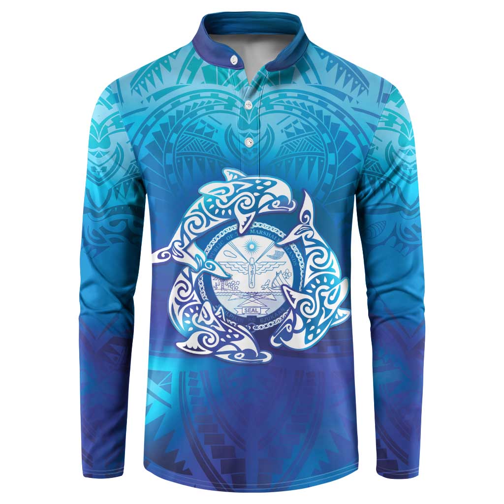 Marshall Islands Manit Day Button Sweatshirt Tribal Dolphin With Marshall Seal LT05 Blue - Polynesian Pride
