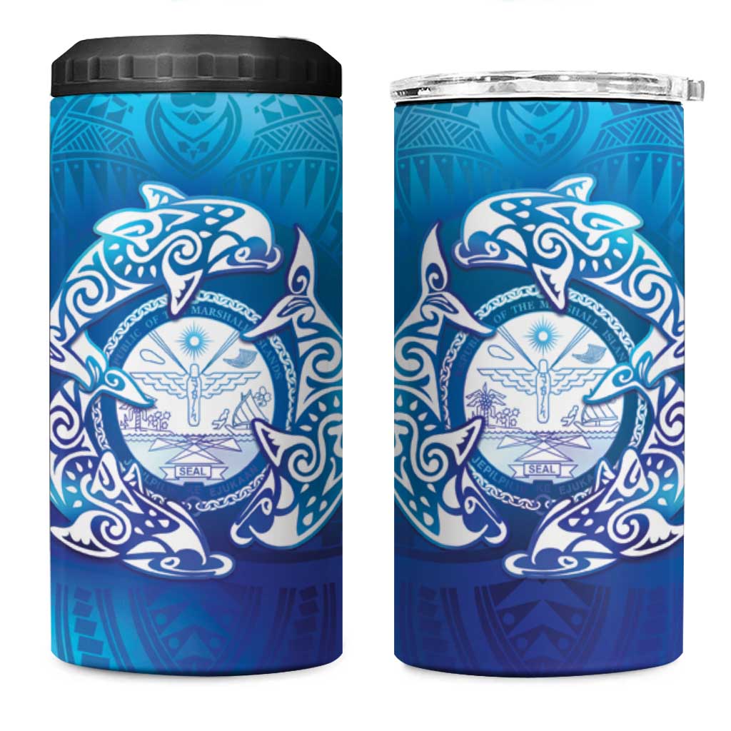 Marshall Islands Manit Day 4 in 1 Can Cooler Tumbler Tribal Dolphin With Marshall Seal LT05 One Size: 16 oz Blue - Polynesian Pride