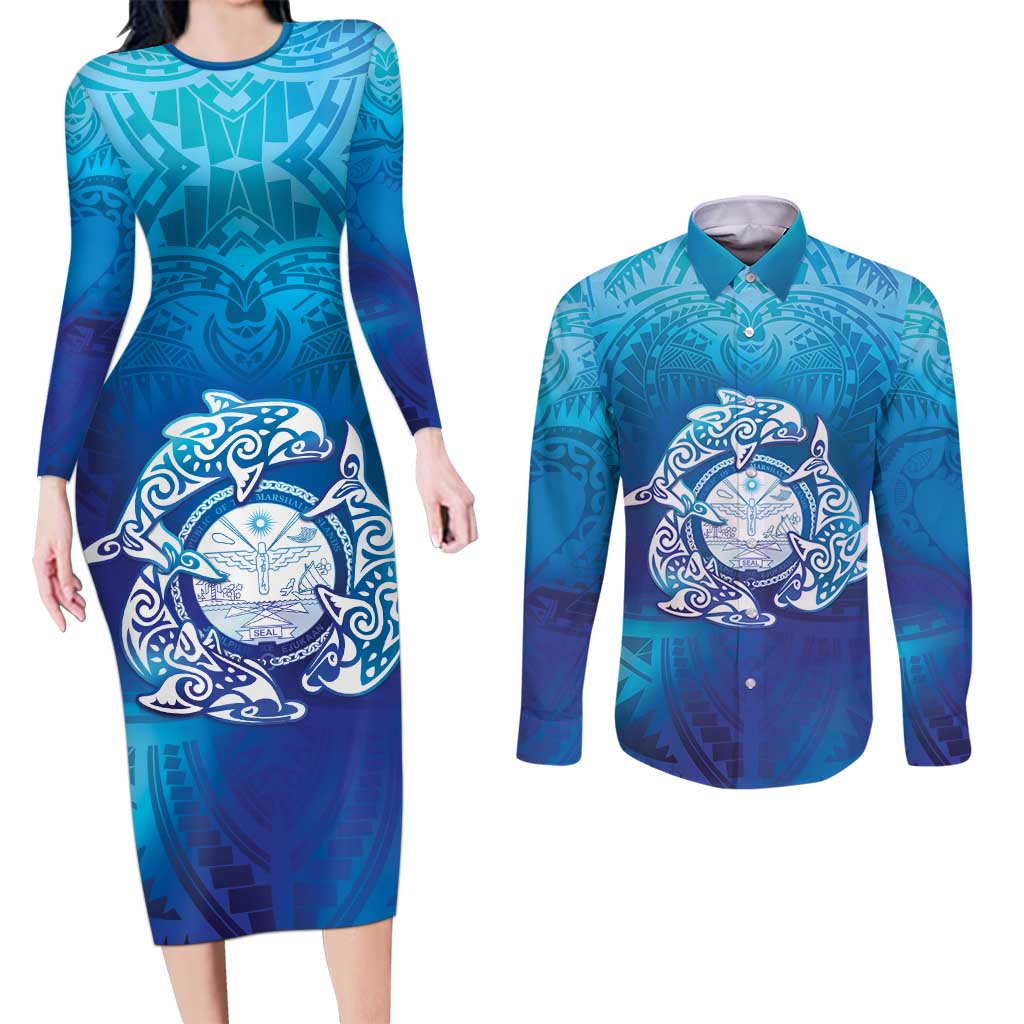 Marshall Islands Manit Day Couples Matching Long Sleeve Bodycon Dress and Long Sleeve Button Shirt Tribal Dolphin With Marshall Seal - Polynesian Pride