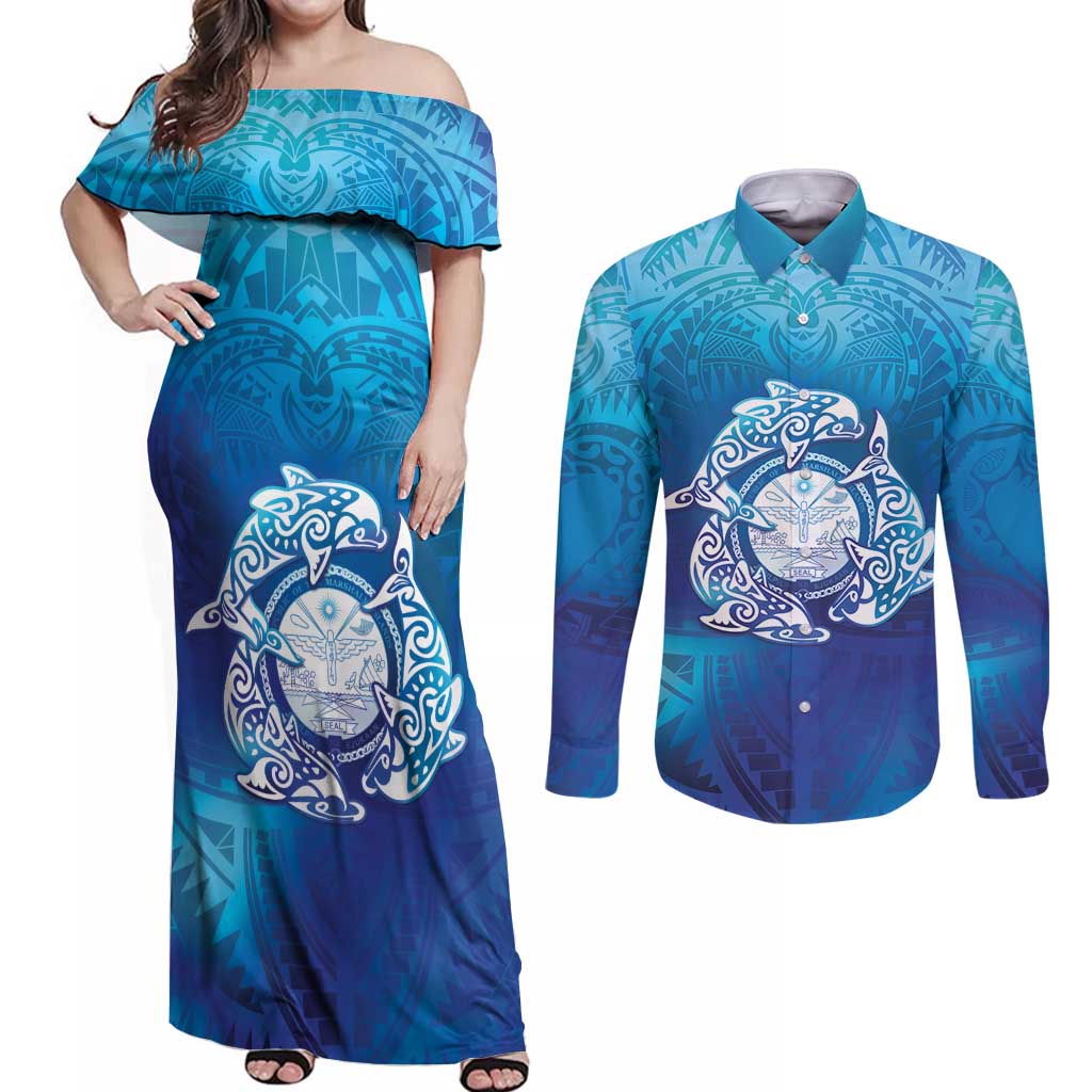 Marshall Islands Manit Day Couples Matching Off Shoulder Maxi Dress and Long Sleeve Button Shirt Tribal Dolphin With Marshall Seal - Polynesian Pride