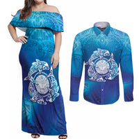 Marshall Islands Manit Day Couples Matching Off Shoulder Maxi Dress and Long Sleeve Button Shirt Tribal Dolphin With Marshall Seal - Polynesian Pride