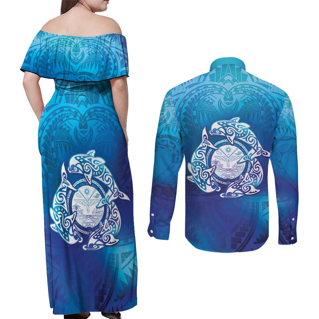 Marshall Islands Manit Day Couples Matching Off Shoulder Maxi Dress and Long Sleeve Button Shirt Tribal Dolphin With Marshall Seal - Polynesian Pride