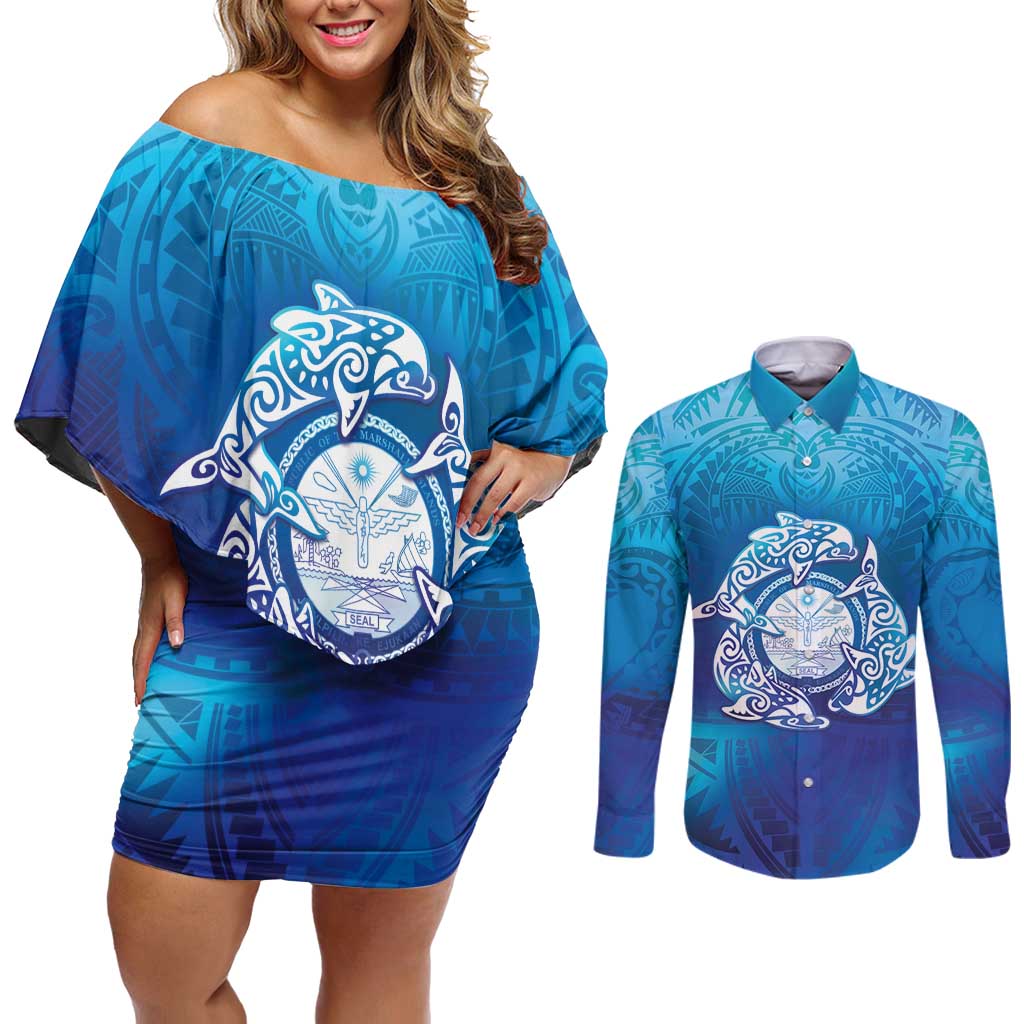 Marshall Islands Manit Day Couples Matching Off Shoulder Short Dress and Long Sleeve Button Shirt Tribal Dolphin With Marshall Seal - Polynesian Pride