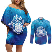 Marshall Islands Manit Day Couples Matching Off Shoulder Short Dress and Long Sleeve Button Shirt Tribal Dolphin With Marshall Seal - Polynesian Pride