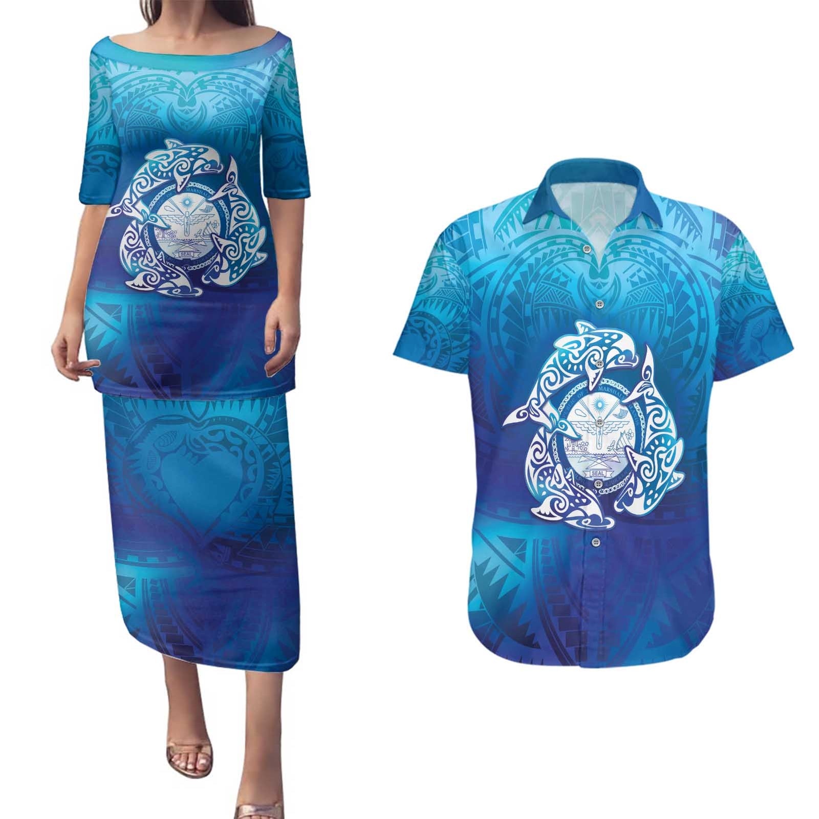 Marshall Islands Manit Day Couples Matching Puletasi and Hawaiian Shirt Tribal Dolphin With Marshall Seal LT05 Blue - Polynesian Pride