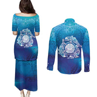 Marshall Islands Manit Day Couples Matching Puletasi and Long Sleeve Button Shirt Tribal Dolphin With Marshall Seal - Polynesian Pride