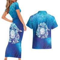 Marshall Islands Manit Day Couples Matching Short Sleeve Bodycon Dress and Hawaiian Shirt Tribal Dolphin With Marshall Seal - Polynesian Pride