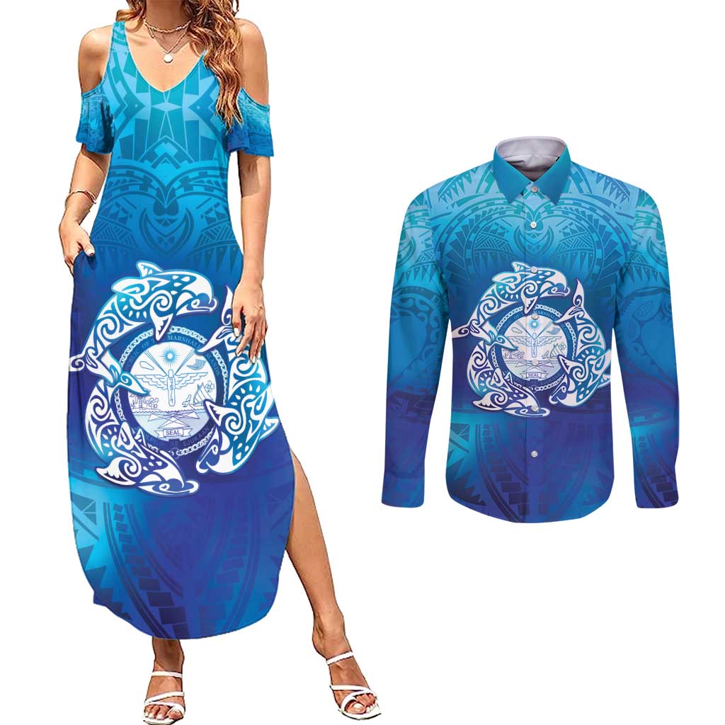 Marshall Islands Manit Day Couples Matching Summer Maxi Dress and Long Sleeve Button Shirt Tribal Dolphin With Marshall Seal - Polynesian Pride