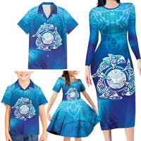 Marshall Islands Manit Day Family Matching Long Sleeve Bodycon Dress and Hawaiian Shirt Tribal Dolphin With Marshall Seal - Polynesian Pride