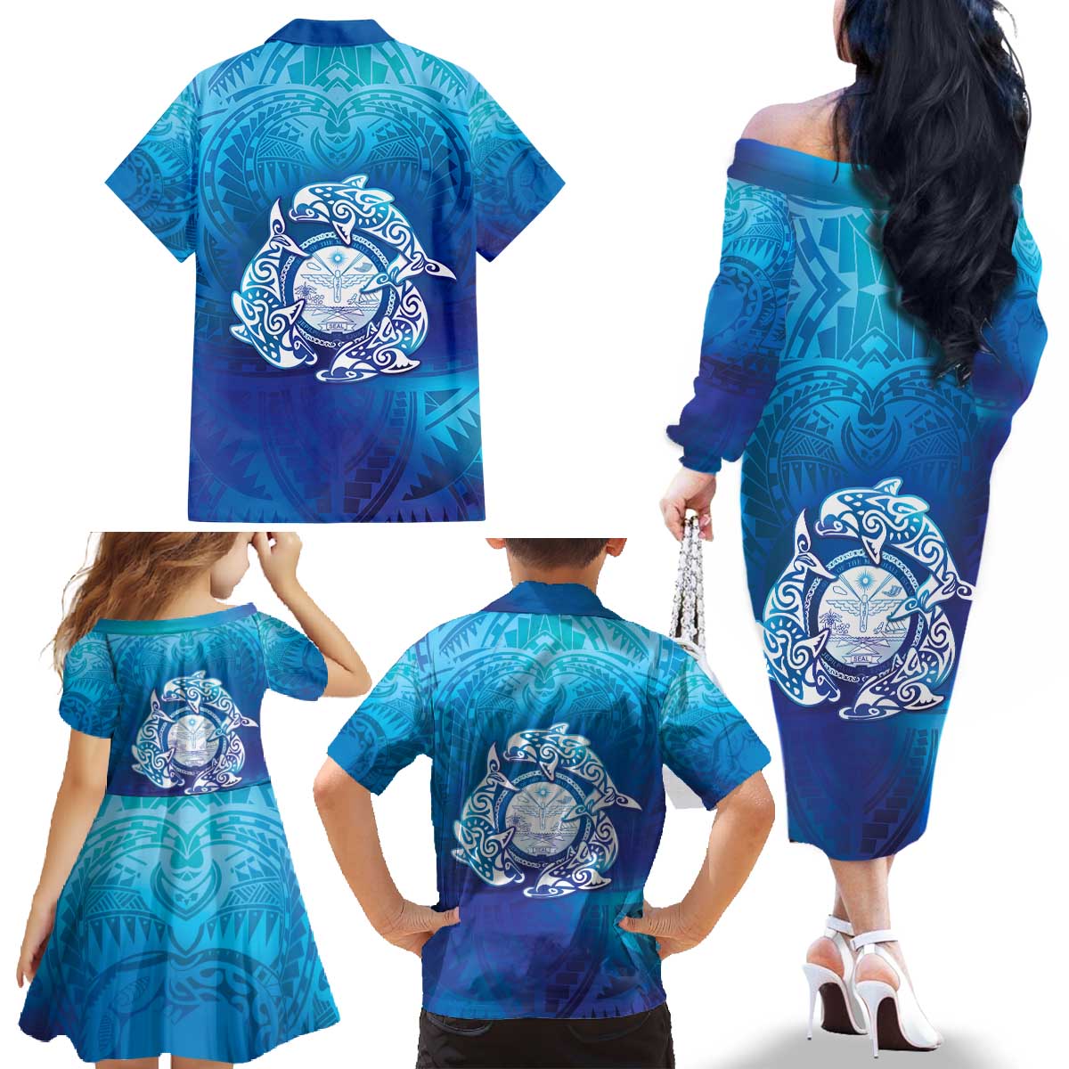 Marshall Islands Manit Day Family Matching Off The Shoulder Long Sleeve Dress and Hawaiian Shirt Tribal Dolphin With Marshall Seal - Polynesian Pride