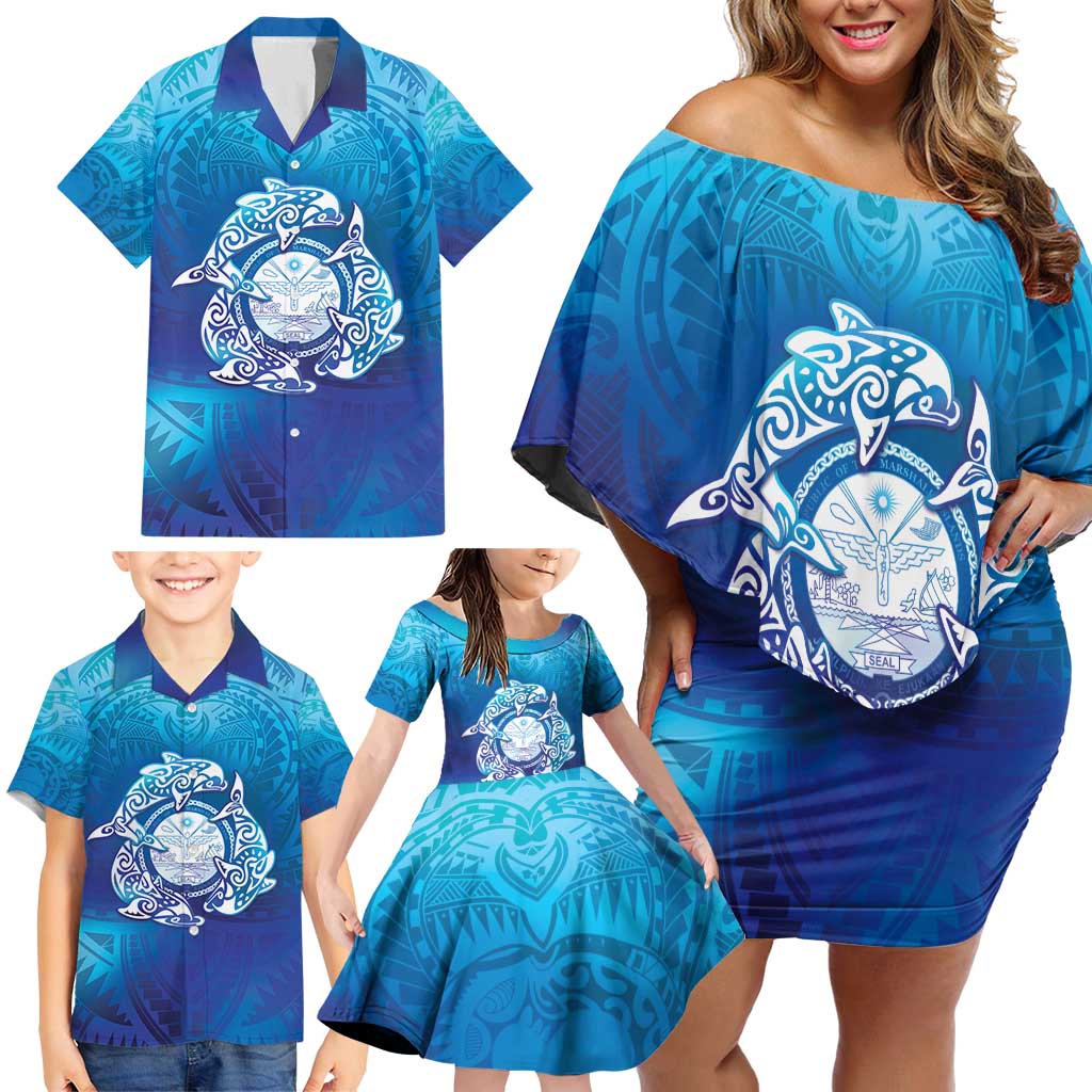 Marshall Islands Manit Day Family Matching Off Shoulder Short Dress and Hawaiian Shirt Tribal Dolphin With Marshall Seal - Polynesian Pride