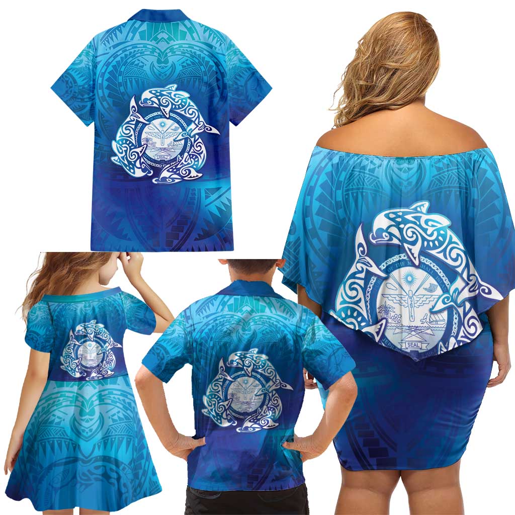 Marshall Islands Manit Day Family Matching Off Shoulder Short Dress and Hawaiian Shirt Tribal Dolphin With Marshall Seal - Polynesian Pride