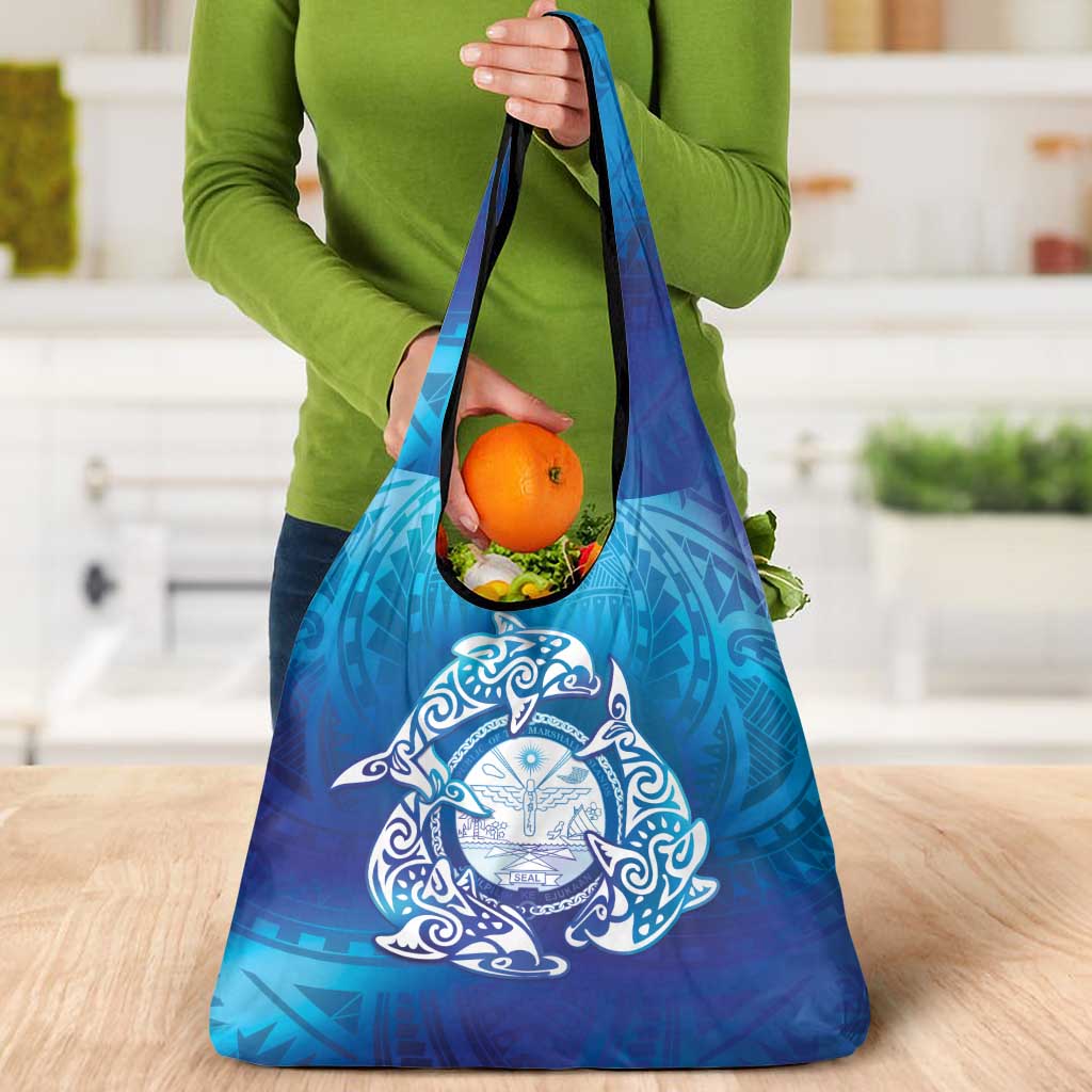 Marshall Islands Manit Day Grocery Bag Tribal Dolphin With Marshall Seal - Polynesian Pride