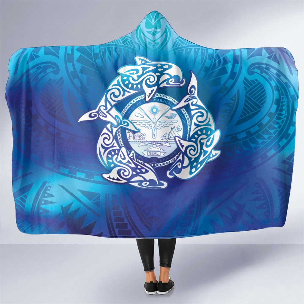 Marshall Islands Manit Day Hooded Blanket Tribal Dolphin With Marshall Seal LT05 One Size Blue - Polynesian Pride