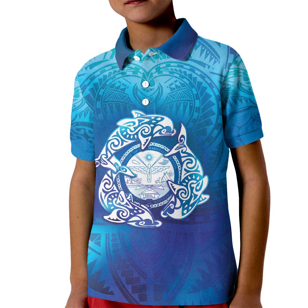 Marshall Islands Manit Day Kid Polo Shirt Tribal Dolphin With Marshall Seal LT05 Kid Blue - Polynesian Pride