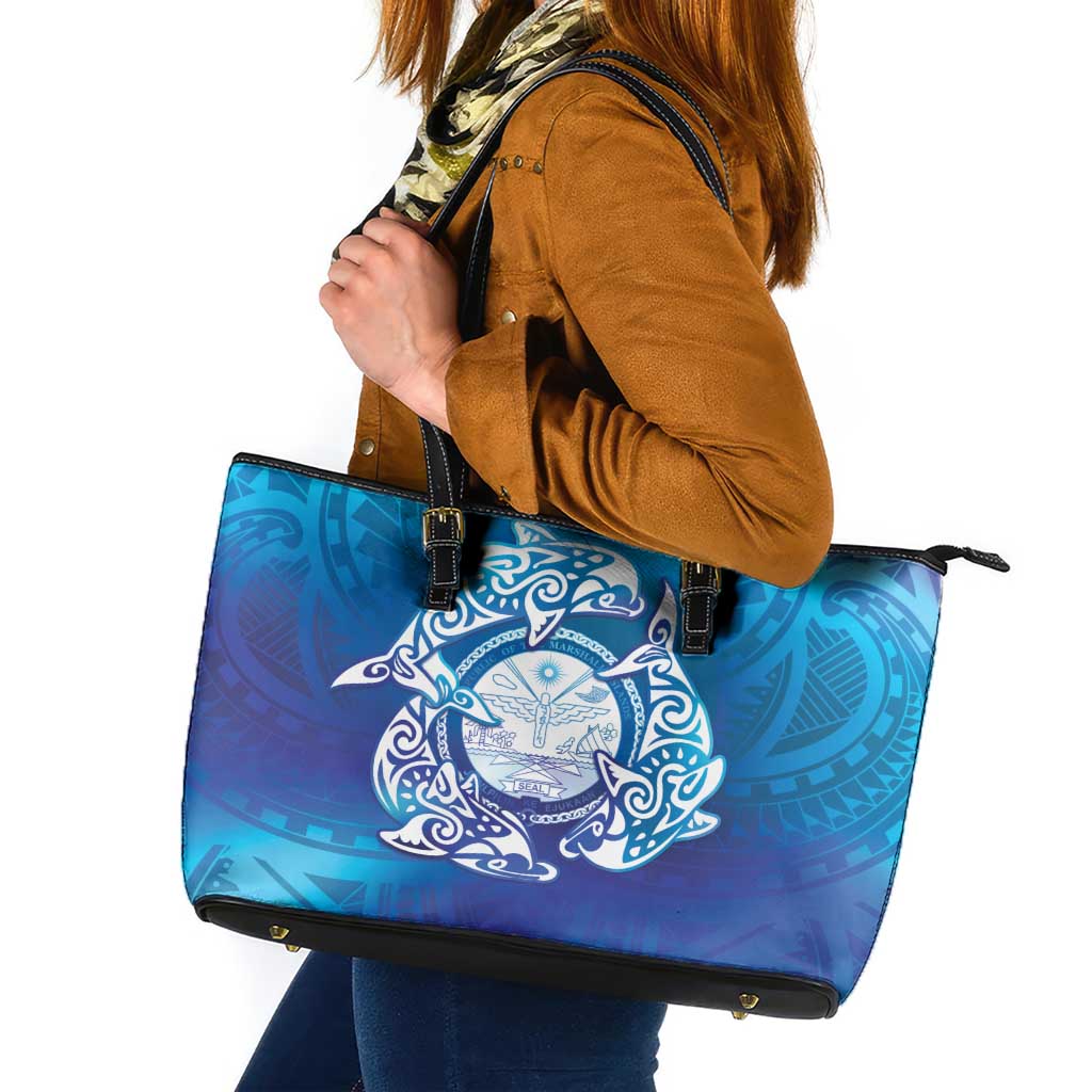Marshall Islands Manit Day Leather Tote Bag Tribal Dolphin With Marshall Seal LT05 Blue - Polynesian Pride