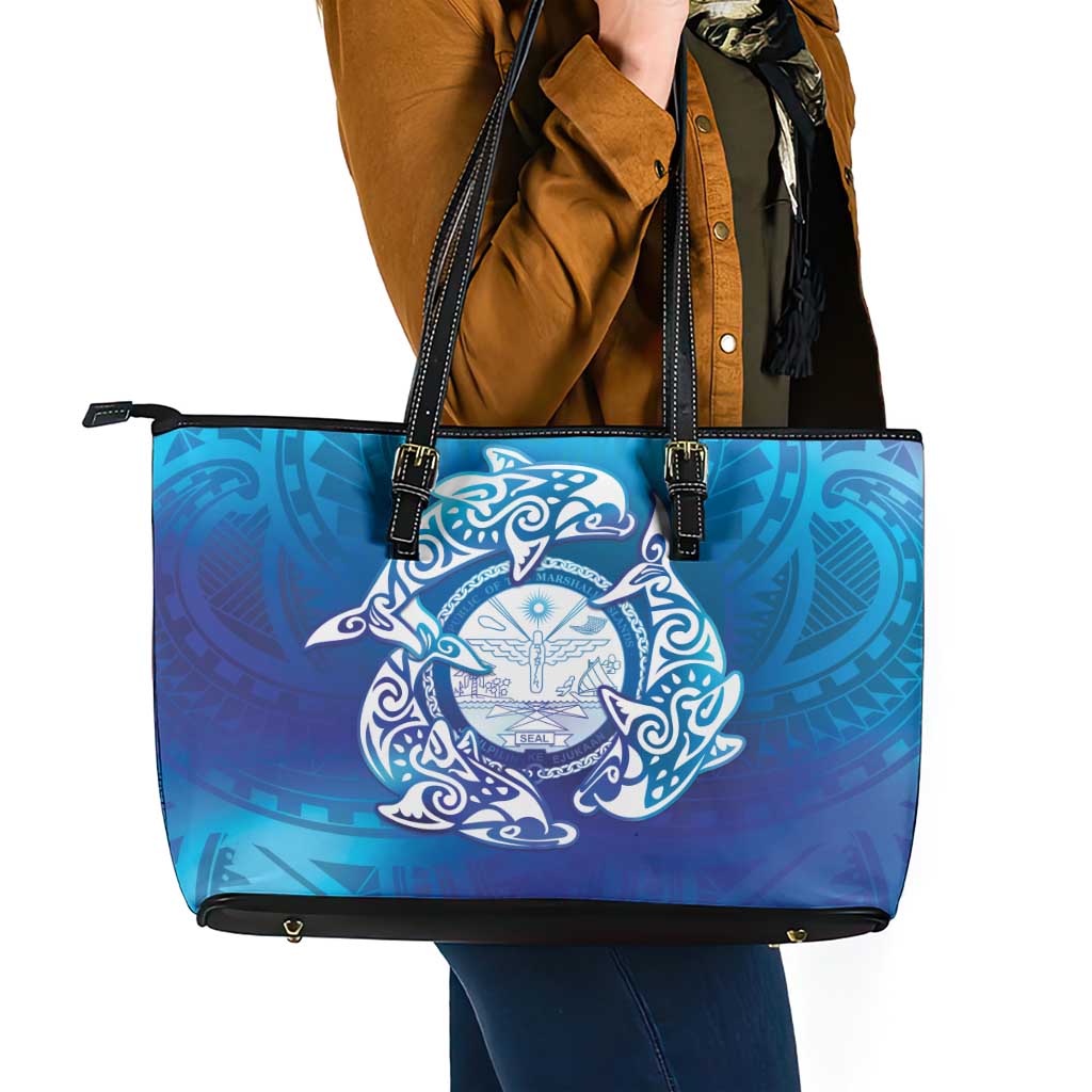 Marshall Islands Manit Day Leather Tote Bag Tribal Dolphin With Marshall Seal - Polynesian Pride