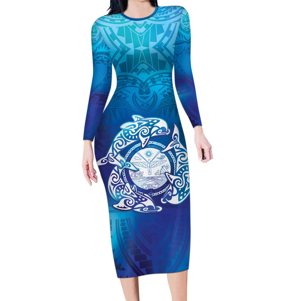 Marshall Islands Manit Day Long Sleeve Bodycon Dress Tribal Dolphin With Marshall Seal - Polynesian Pride