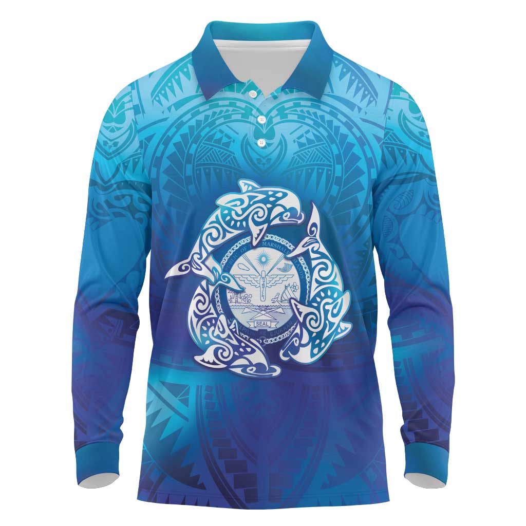 Marshall Islands Manit Day Long Sleeve Polo Shirt Tribal Dolphin With Marshall Seal LT05 Blue - Polynesian Pride
