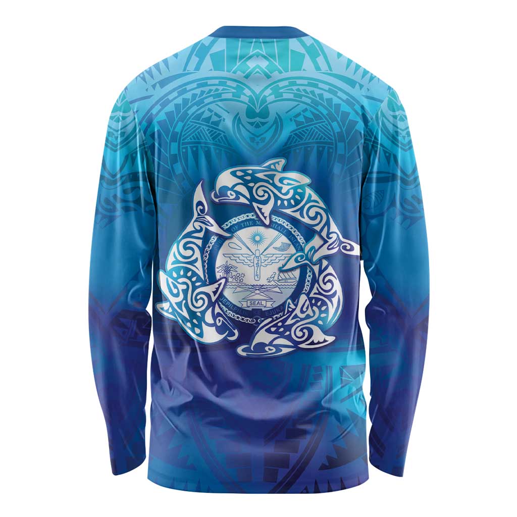 Marshall Islands Manit Day Long Sleeve Shirt Tribal Dolphin With Marshall Seal - Polynesian Pride