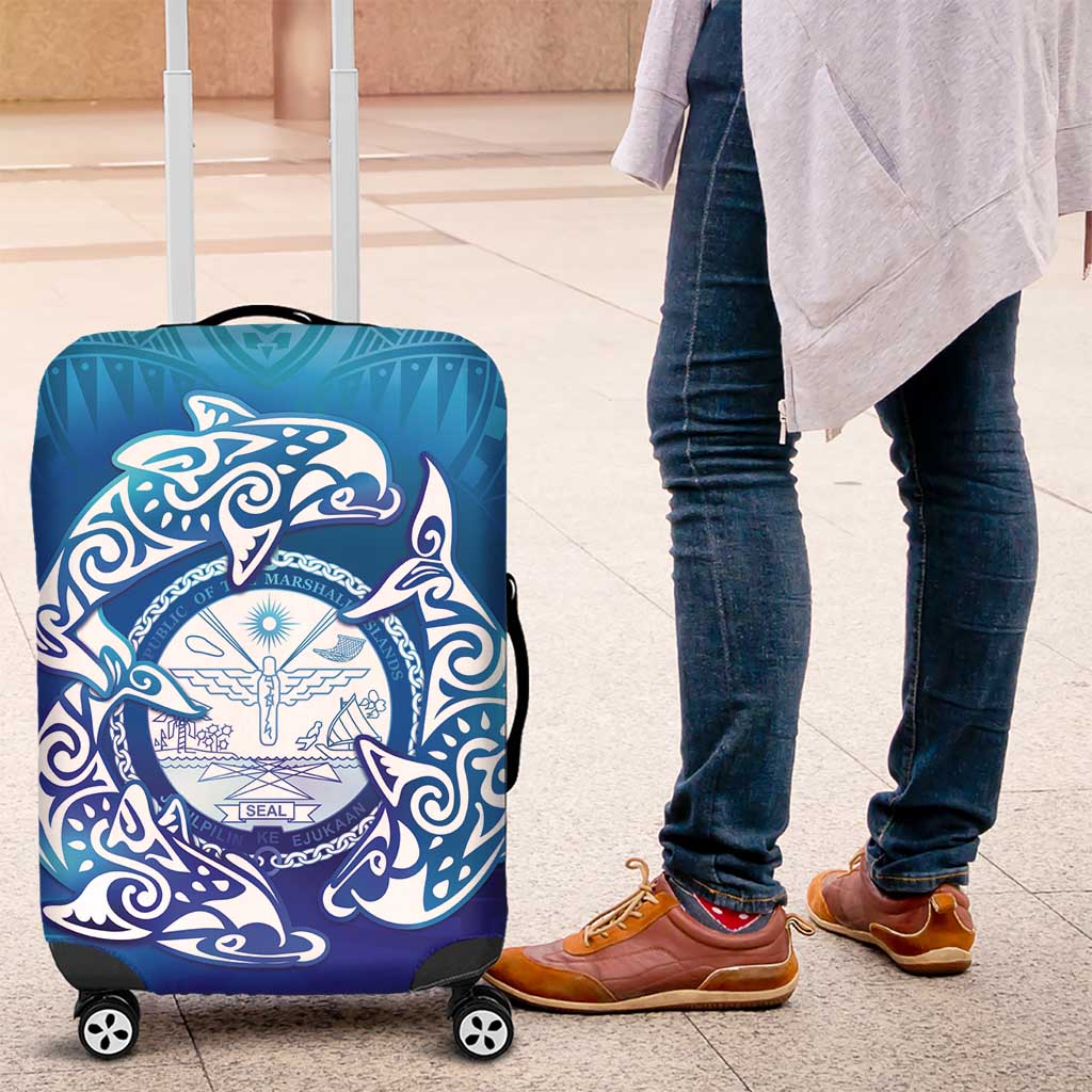 Marshall Islands Manit Day Luggage Cover Tribal Dolphin With Marshall Seal LT05 Blue - Polynesian Pride