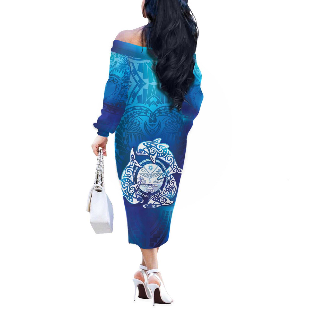 Marshall Islands Manit Day Off The Shoulder Long Sleeve Dress Tribal Dolphin With Marshall Seal - Polynesian Pride